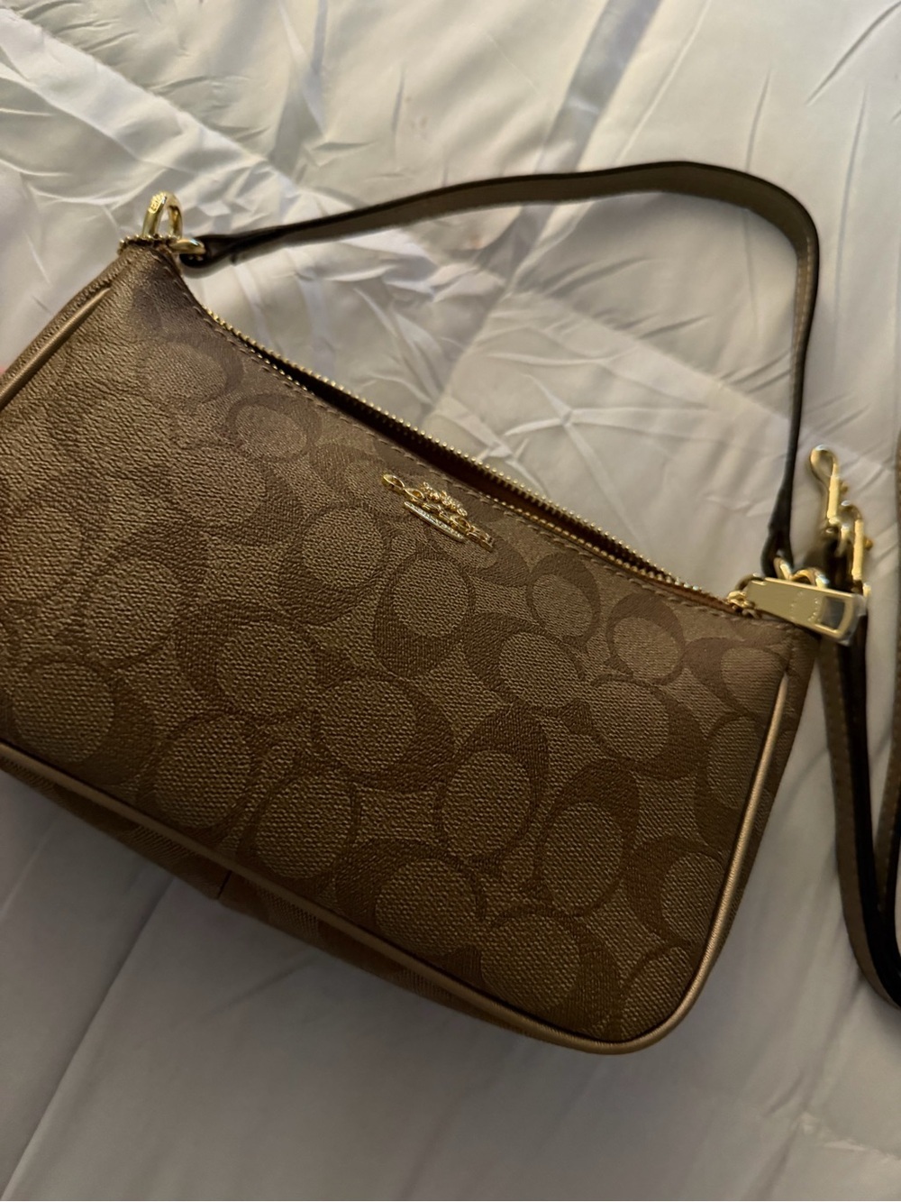 Coach Brown Signature Canvas Shoulder Bag with Gold Hardware